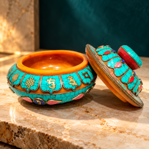Nepali Antic Resign Bowl With Turquoise , Lepis And Coral