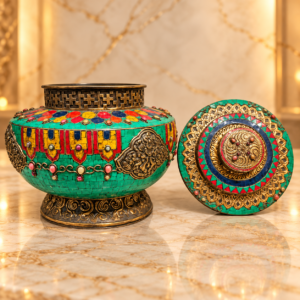 Nepali Antic Big Bowl With Lepis , Coral And Turquoise