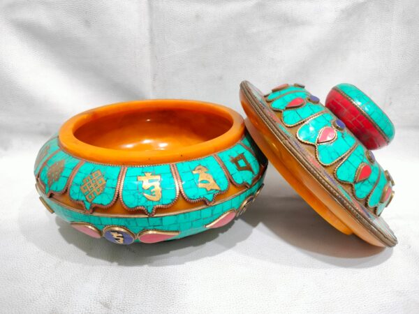 Nepali Antic Resign Bowl With Turquoise , Lepis And Coral